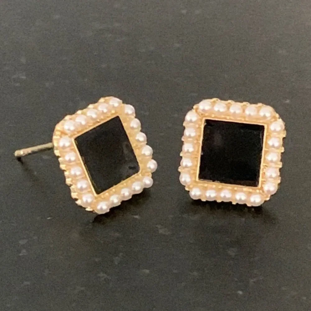 Onyx Black Square Studs with Faux Pearl Border